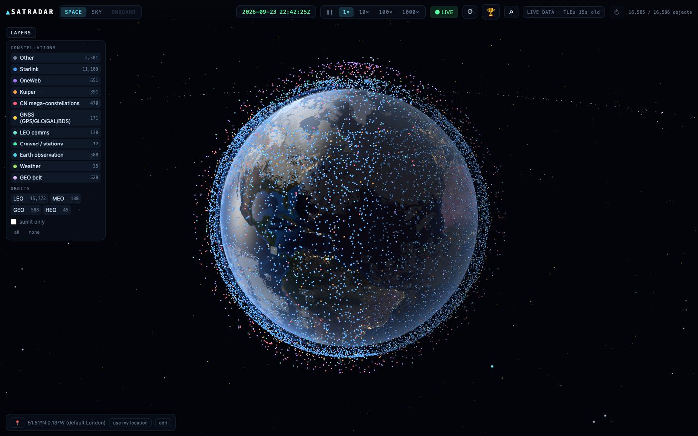 SATRADAR showing around sixteen thousand satellites around a 3D Earth, with constellation filters on the left